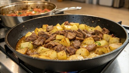 Pan-seared meat and potato casserole in a large frying pan, kitchenware, sizzling, aroma, golden brown