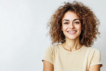 Smiling woman with curly hair poses confidently indoors against a neutral background