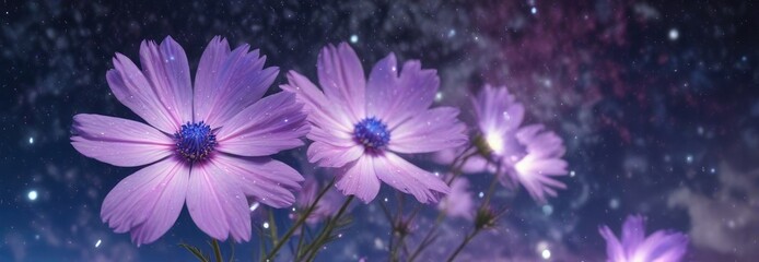 Obraz premium Pastel pink stars in a vast blue-purple cosmos with delicate white clouds and shimmering lights , explosion, pastel pink stars