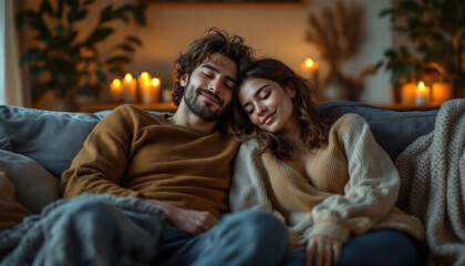 Naklejka premium Couple Resting Peacefully On Cozy Sofa Together