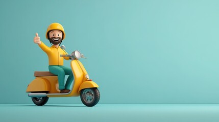 A 3D cartoon of a smiling delivery person on a yellow scooter, giving a thumbs up, with a soft blue background.