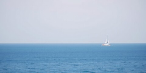 Obraz premium Peaceful ocean scene with sailboat gently sailing on a serene pastel blue horizon, sailboat, wave