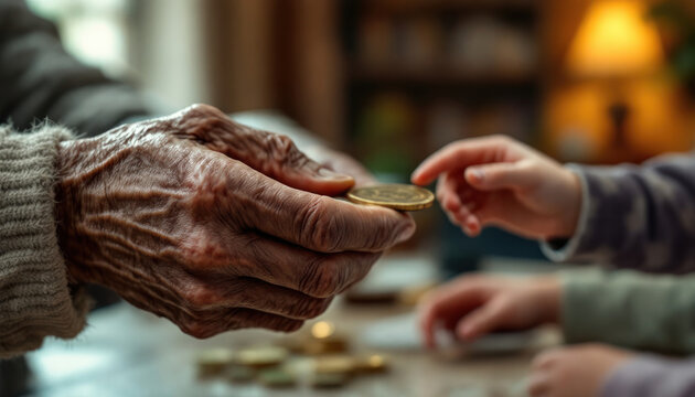 Elderly Hand Giving Coin To Childrens Hands