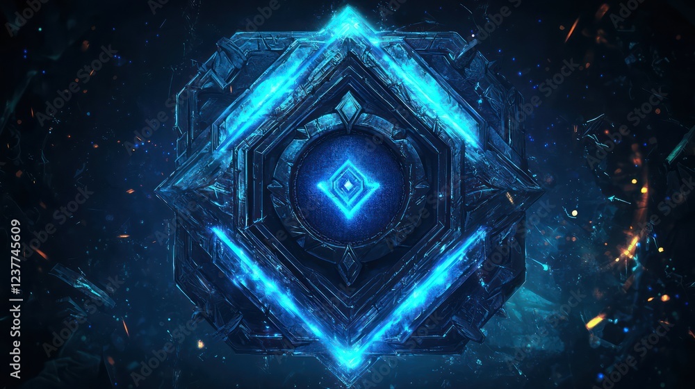 Poster softly lit 3d environment features a dynamic triangular neon blue frame with bold glowing accents ar