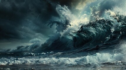 Bright lightning in a raging sea. A strong storm in the ocean. Big waves. Night thunderstorm. Dark tones. The power of raging nature. AI generated illustration