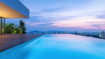 Fototapeta premium Modern Rooftop Pool Rooftop pool with underwater lighting, city lights at night, luxurious hotel, breathtaking view