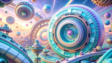 Fototapeta premium Vibrant futuristic landscape with colorful orbs and spiral structures, imagination
