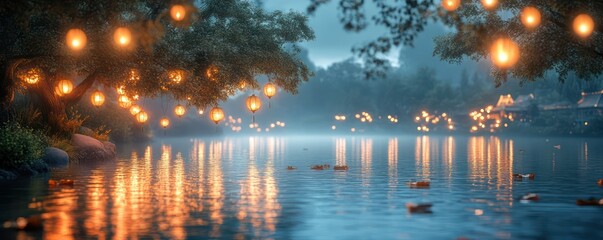 Enchanted Lake at Dusk: A Serene Reflection of Lights and Tranquility