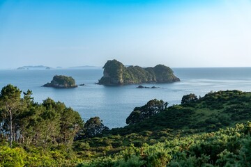 Obraz premium Tranquil coastal scene with islands and lush greenery. Peaceful view of the ocean and surrounding foliage. Nature's beauty. , Hahei, Coromandel Peninsula, New Zealand