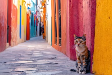 Cat sitting in colorful alleyway with vibrant buildings