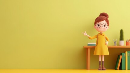 A 3D cartoon style rendering of a female teacher standing next to a desk and pointing toward the viewer, with a bright lime green background. 