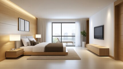 Modern minimalist bedroom interior design with large window and calming neutral colors for serene atmosphere