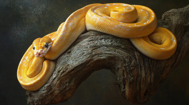 Yellow tree python snake on branch, snake on branch, reptiles closeup