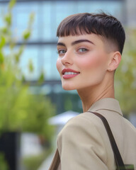 Young woman with short hair smiling outdoors in a modern urban setting