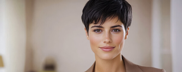 Fototapeta premium Confident woman with short hair smiling in a modern indoor setting during daylight