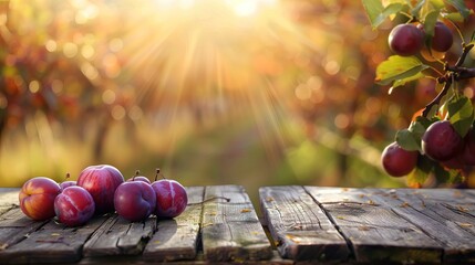 Charming Podium with Plums Under Soft Morning Light. AI generated illustration