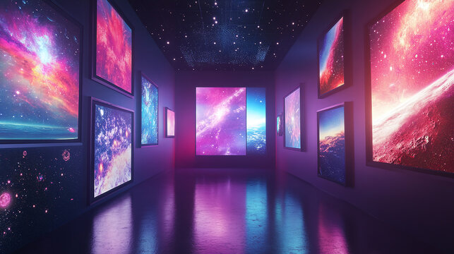 A digital art gallery powered by blockchain, where collectors use cryptocurrency to purchase NFTs of masterpieces, and virtual reality technology displays 3D renderings of artwork floating in space