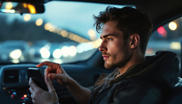 Man using phone in car at night city lights