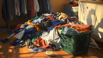 Overflowing Laundry Basket Sunlit Room
