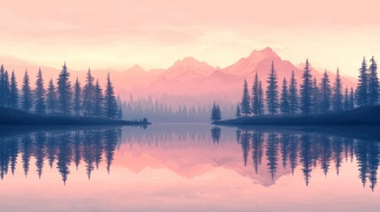 Fototapeta premium Pink sunset over tranquil mountain lake, reflecting pines