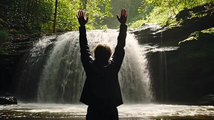 Person expresses joy with arms raised in front of a stunning waterfall surrounded by lush greenery during daytime