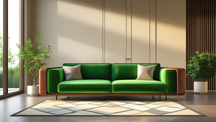 modern living room, green sofa, wooden accents, 3D rendering, interior design, home decor, contemporary style, modern furniture, living room design, home renovation, interior architecture, stylish liv