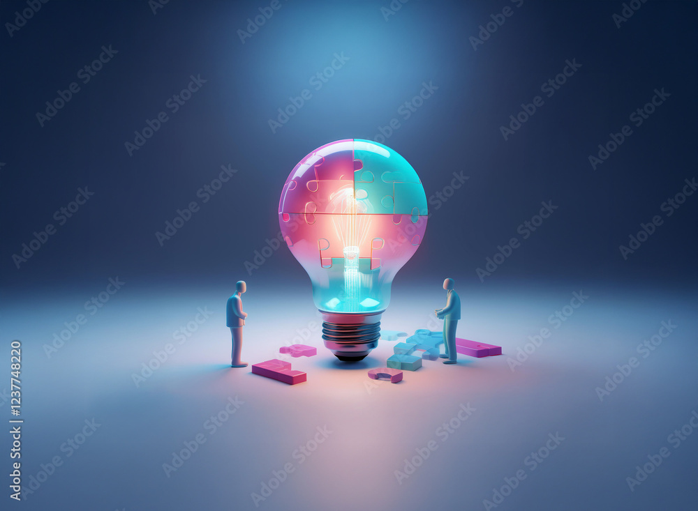 Poster two miniature figures work together, assembling a large, glowing lightbulb composed of puzzle pieces