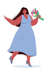 Young beautiful plump woman with a bouquet of flowers. Cheerful happy woman in full growth. Vector flat graphics.