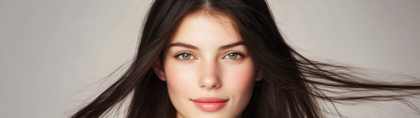 Fototapeta premium Young woman with long hair smiling gently in soft lighting