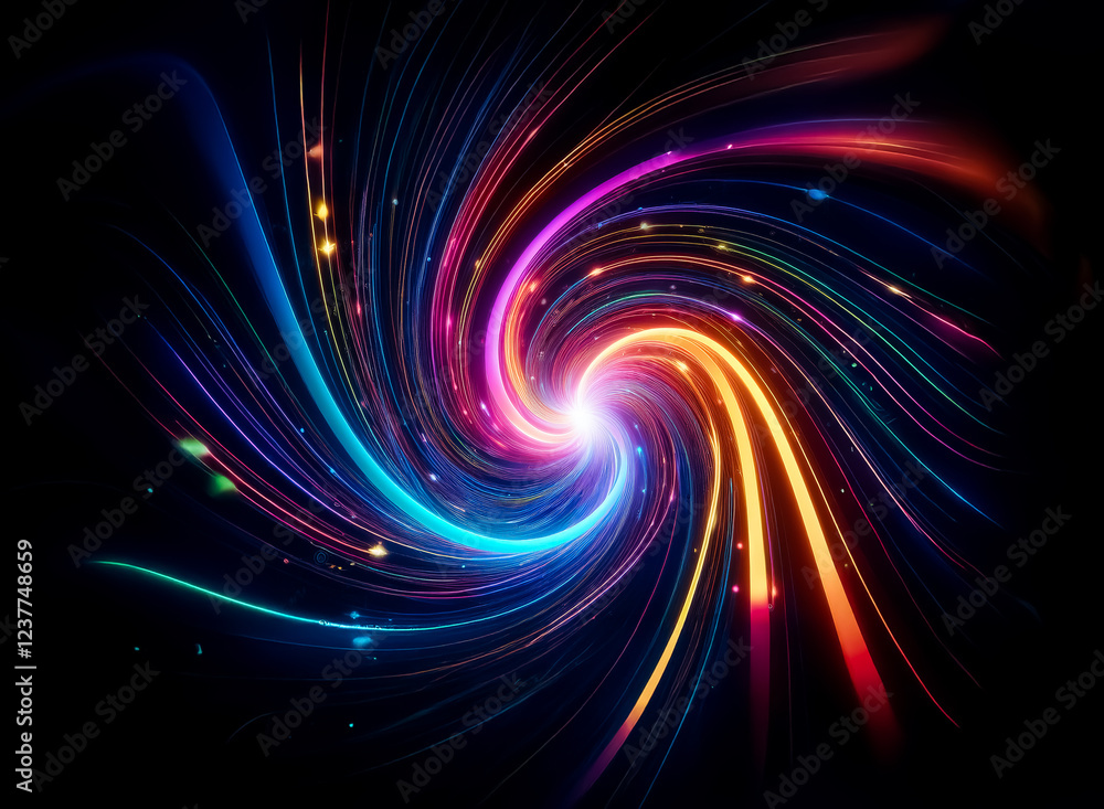 Poster a vibrant, swirling vortex of light and color explodes from a central point, radiating energy and dy