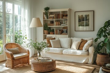 Obraz premium Modern living room with a tall narrow bookcase, plush beige sofa, wicker armchair, coffee table with books, potted plant, framed pictures, and natural lighting.