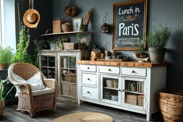 Stylish white kitchen island with natural wood top, drawers, and glass doors, paired with a rattan dining chair and wooden cabinet filled with books and decor, featuring a "Lunch in Paris" poster.