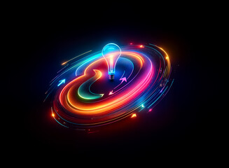 Obraz premium A vibrant, glowing lightbulb sits at the center of a swirling, multicolored energy vortex against a dark background, symbolizing innovation and new ideas.