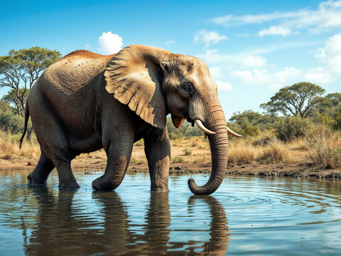 Elephant drinking water in a watering hole at a savanna environment