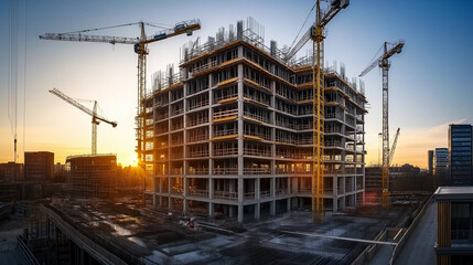 Crane operating at construction site, representing infrastructure growth and building projects.