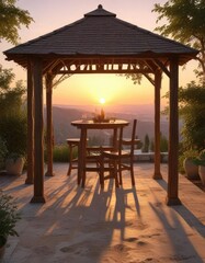 Obraz premium Rustic wooden gazebo with a table set for a romantic dinner at sunset, outdoor dining, sunset, date night, romantic, cozy