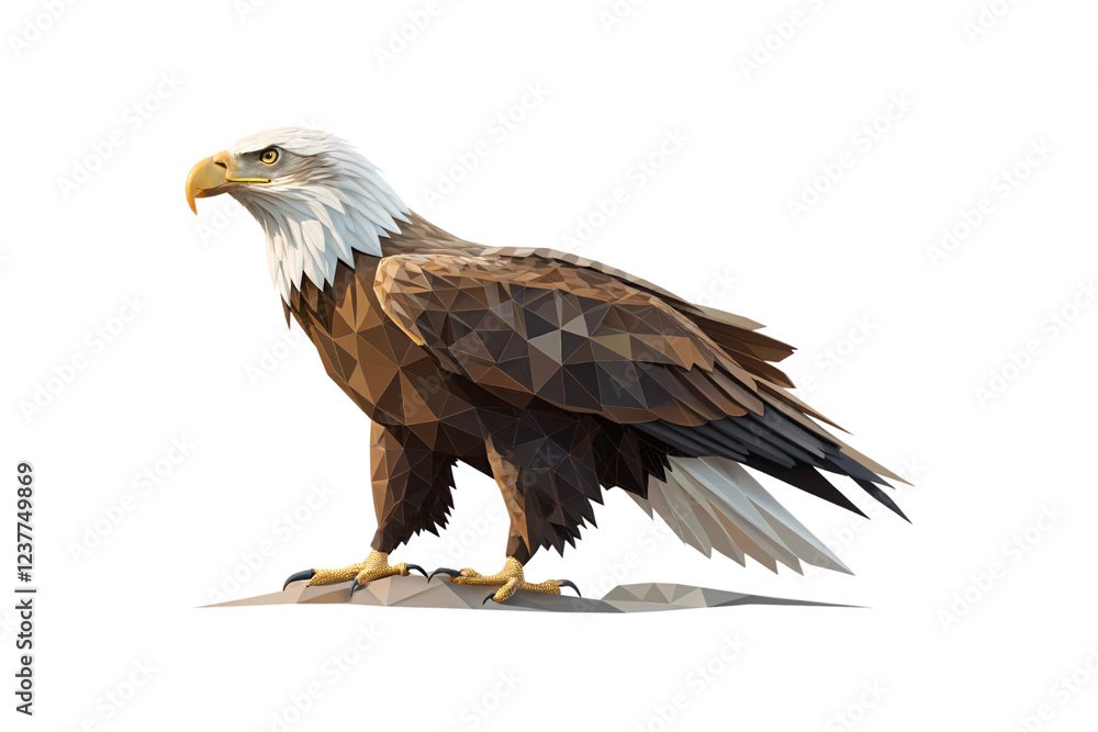 Poster a bold bald eagle with angular geometric features. intricate feather detail highlights its sharp gaz