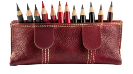 Set of colorful pencils emerging from elegant red leather case on transparent background