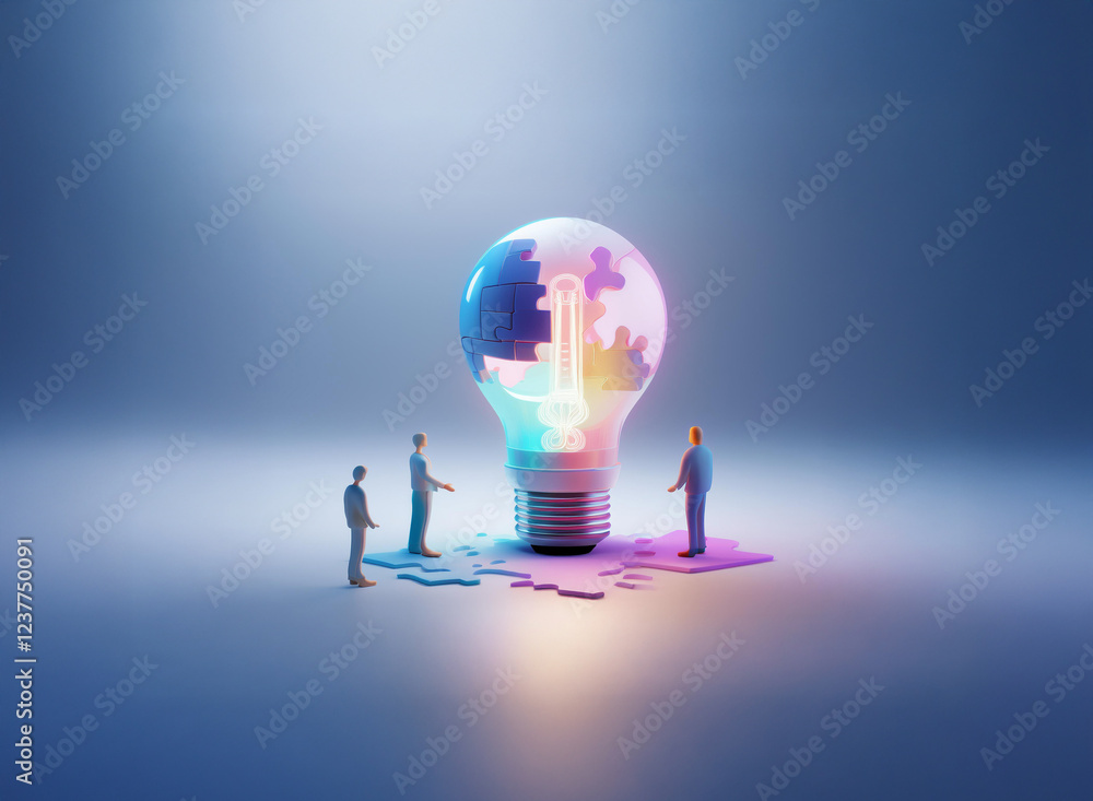 Poster miniature figures surround a glowing lightbulb filled with interlocking gears, symbolizing collabora