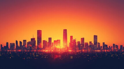 Fototapeta premium Cityscape sunset silhouette, urban skyline, fiery sky, night lights, design