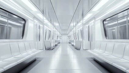 Photorealistic Modern Subway Train Interior with Empty Seats and Light Grey Floor - AI generated illustration