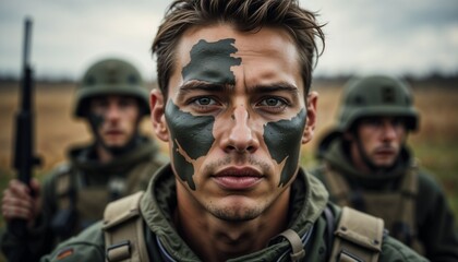 Fototapeta premium Soldier with camouflage face paint in military training