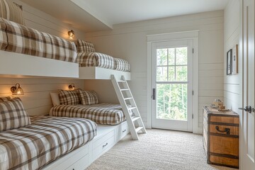 Bright and fresh white boy's bedroom with double bunk beds, plaid bedding, and simple decor, ideal for children with natural light and cozy atmosphere.
