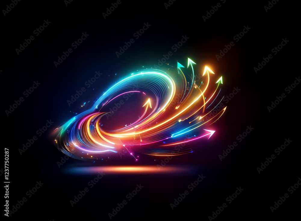 Poster vibrant, swirling neon arrows illuminate a dark background, creating a dynamic and energetic composi