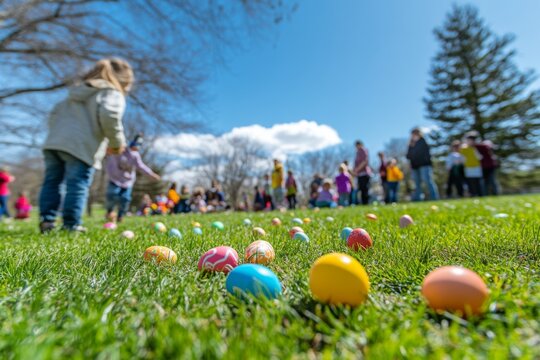photo of Easter egg hunt event on the grass with children and adults searching for colorful eggs on Easter holidays 