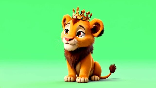 Crowned lion cub, green screen, cartoon, royalty, children's media