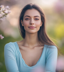 Fototapeta premium Smiling young woman poses in a serene garden during springtime bloom