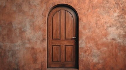 A charming wooden door set against a textured, warm-hued wall, inviting a sense of mystery and welcome into the unknown.