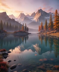 Fototapeta premium Serene lake at dawn with misty mountains and sunrise colors, serene, panoramic