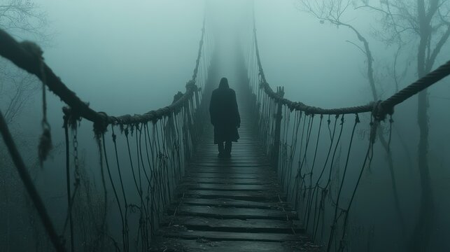 Fototapeta Mysterious figure crosses foggy jungle rope bridge